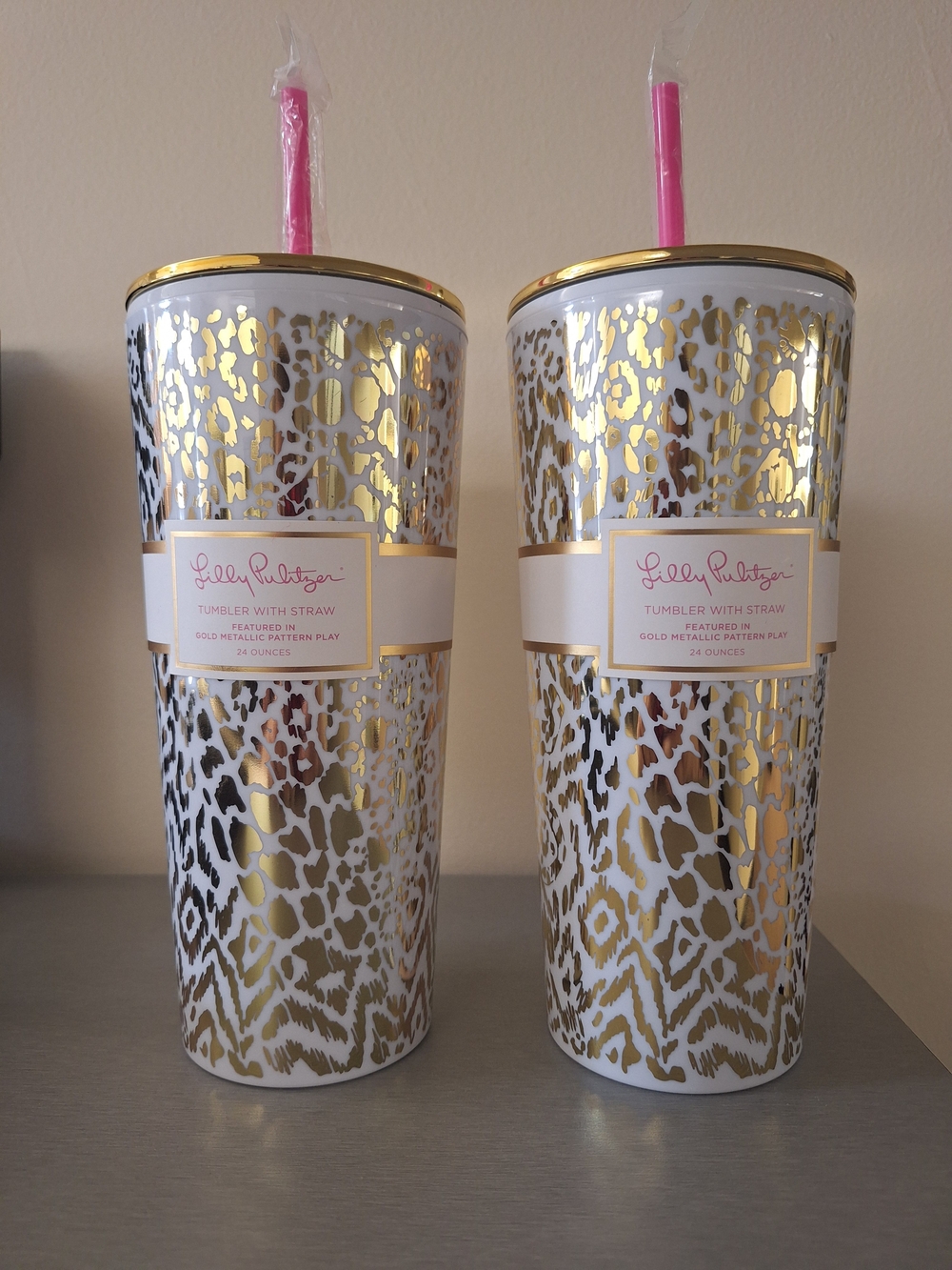 Lilly Pulitzer Gold Leopard Metallic Tumbler Bundle Of Two  NWT